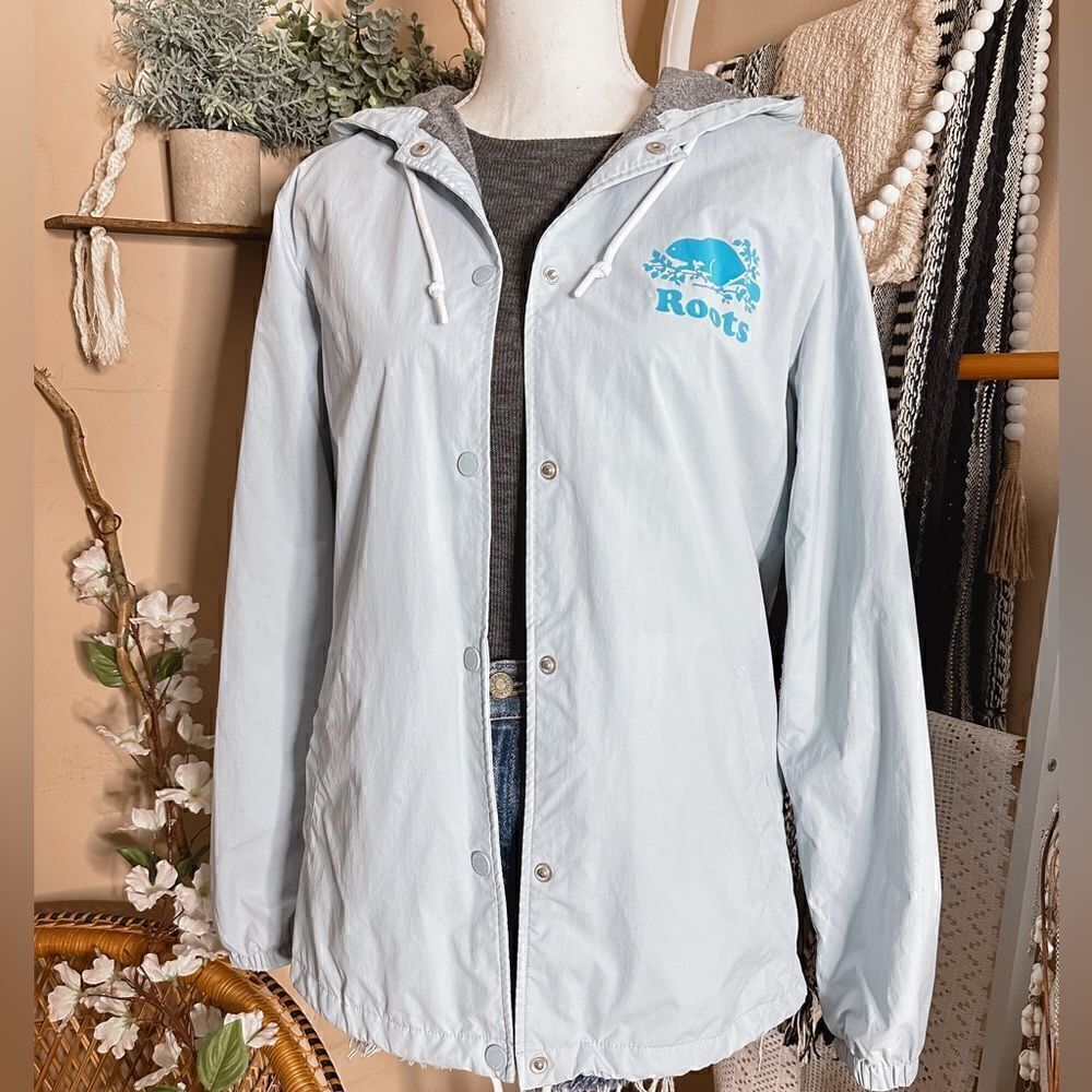 Roots Canada Baby Blue Snap Button Hooded Windbreaker Rain Jacket